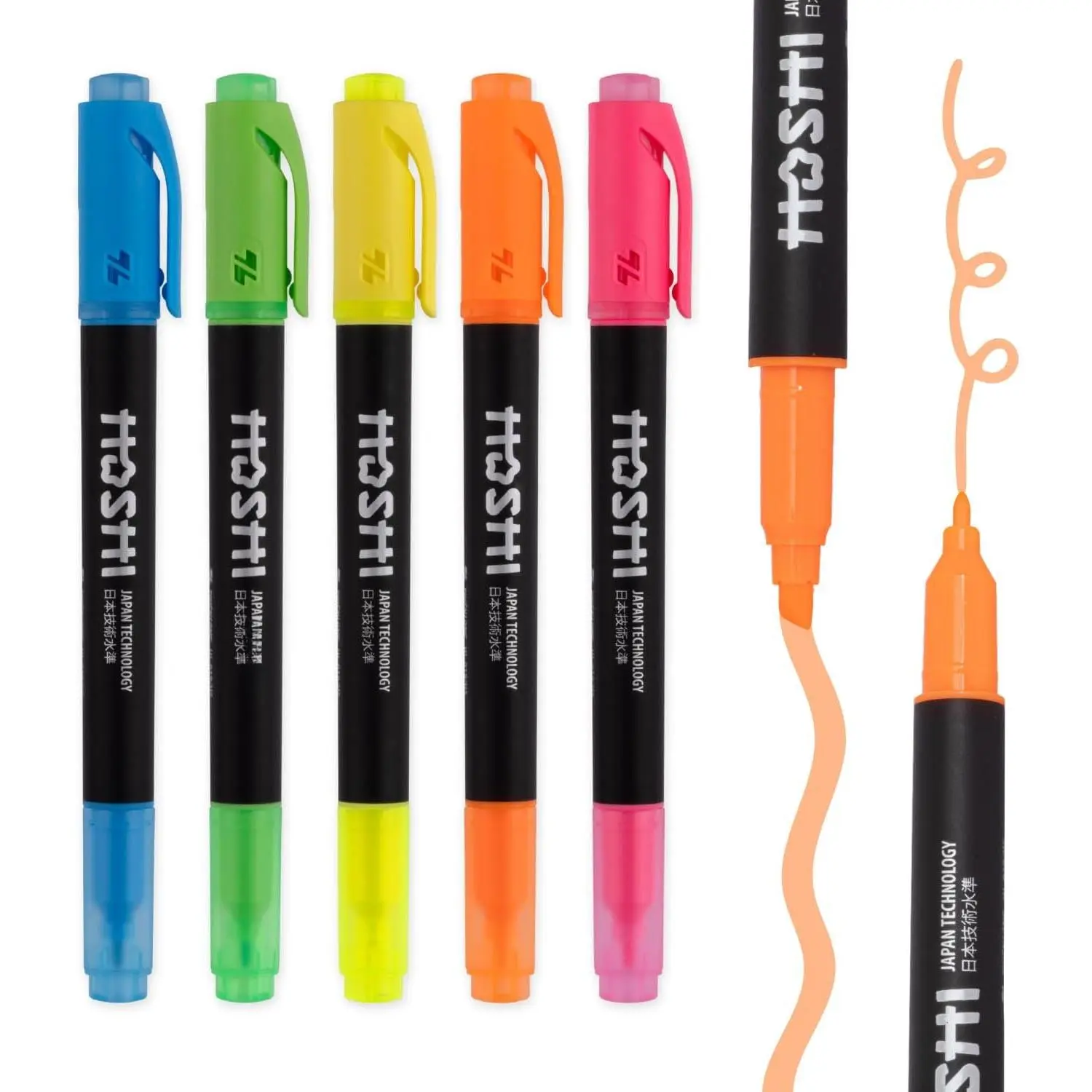 Hoshi 5-Count Fluorescent Tip Highlighters Set Pack, Aesthetic Colors, High Ink Capacity, No Bleed, Quick Dry Ink for Highlighting, Arts & Craft Projects