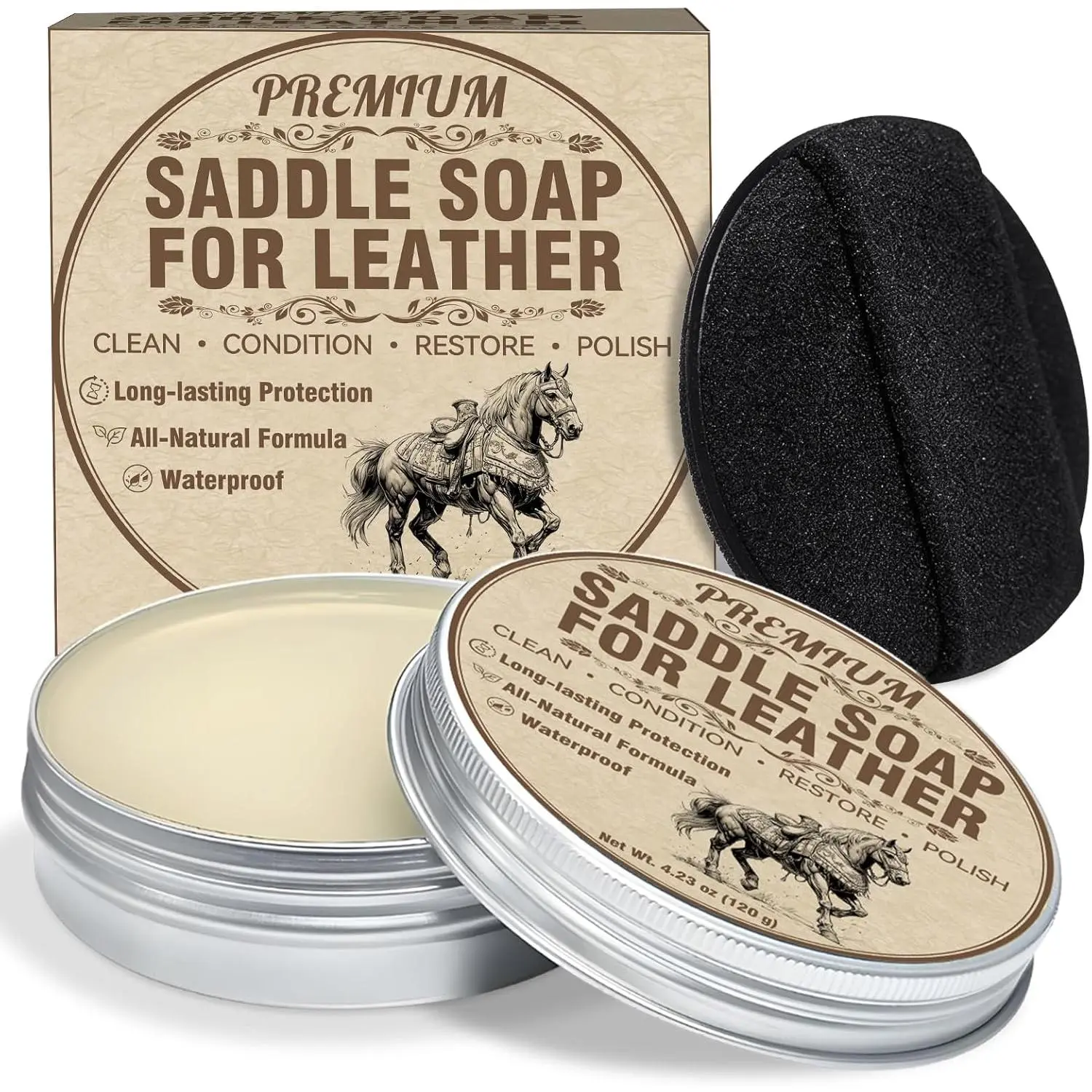 Leather Care for Leather Boots, - Leather Cleaner and Conditioner, Cleans, Restores, Softens and Protects Boots, Shoes, Bags, Jackets & Furniture, 4.23 Oz Saddle Soap with Sponge