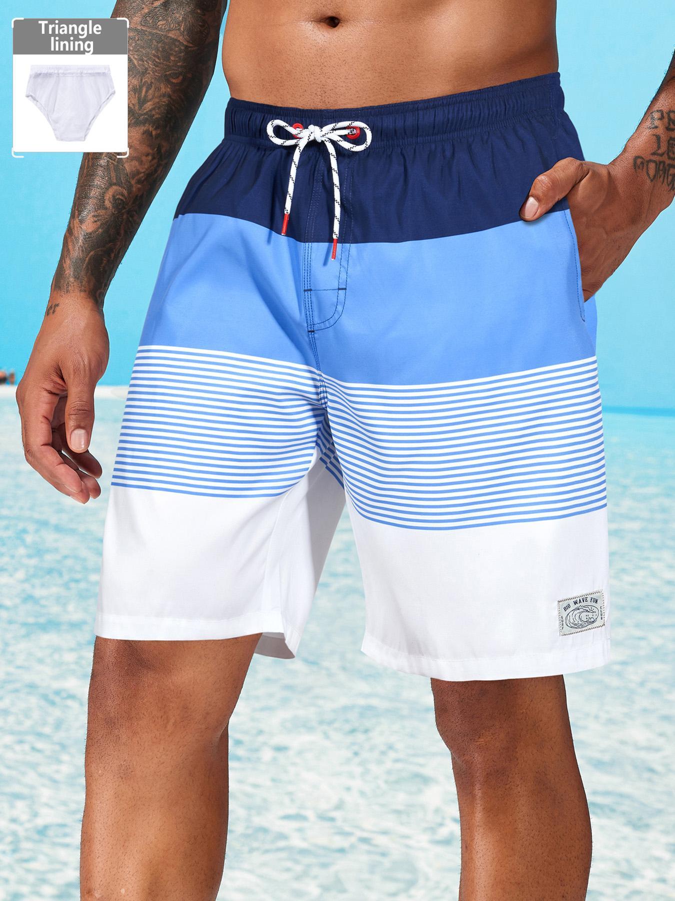 Men's Striped Print Boxer Brief Swim Trunks, Casual Comfy Breathable Swim Shorts for Summer Outdoor, Activewear, Men's Swimwear for Beach Vacation, Clothing, Summer Swim Bottoms, Drawstring Swim Bottom, Swimming Trunks, Swimtrunks