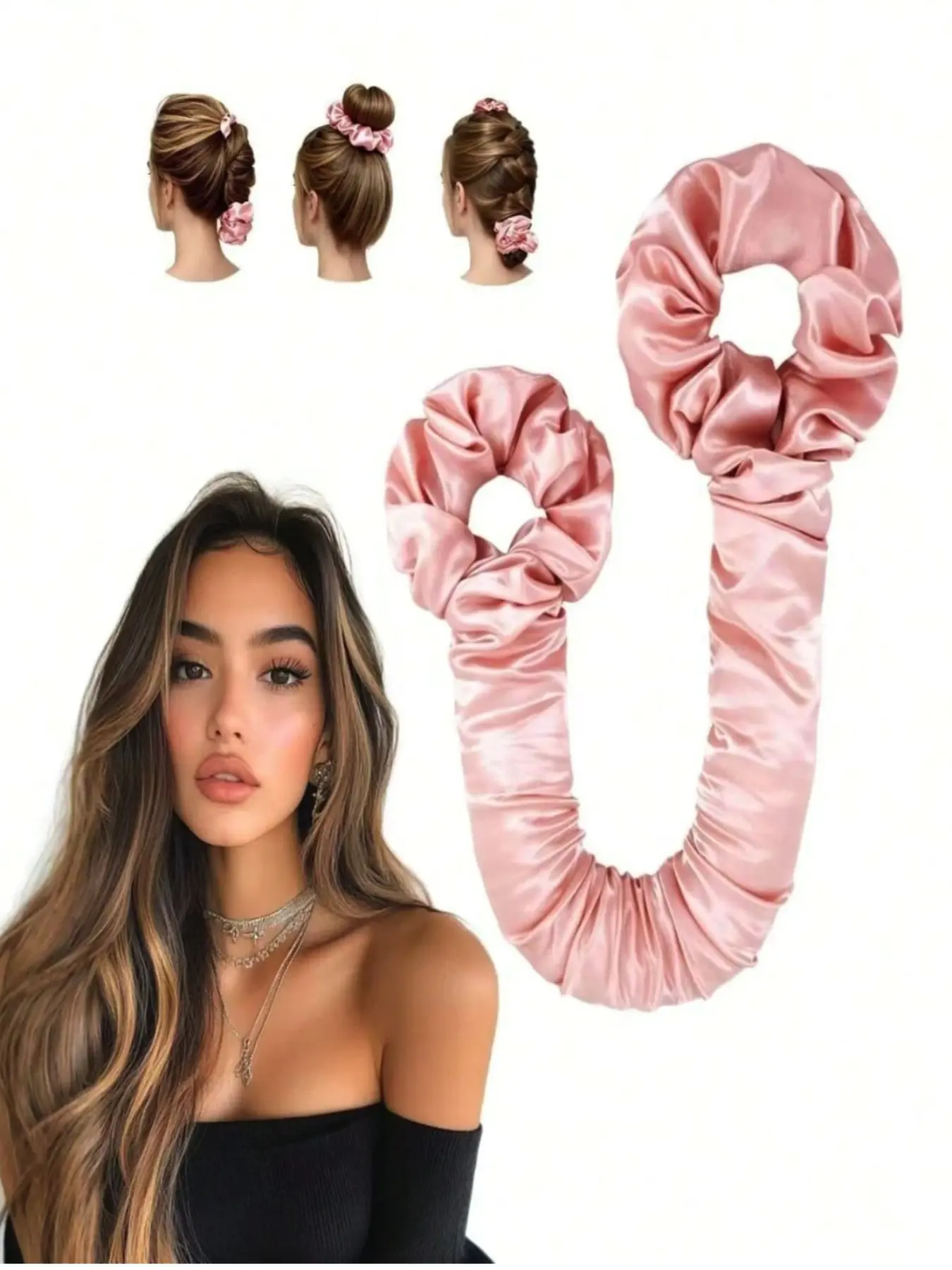 Multifunctional Satin Heatless Curling Hair Scrunchie, Seamless Curling Rod with Hair Tie, Medium Creamy, Sleep Curling Tool Kit