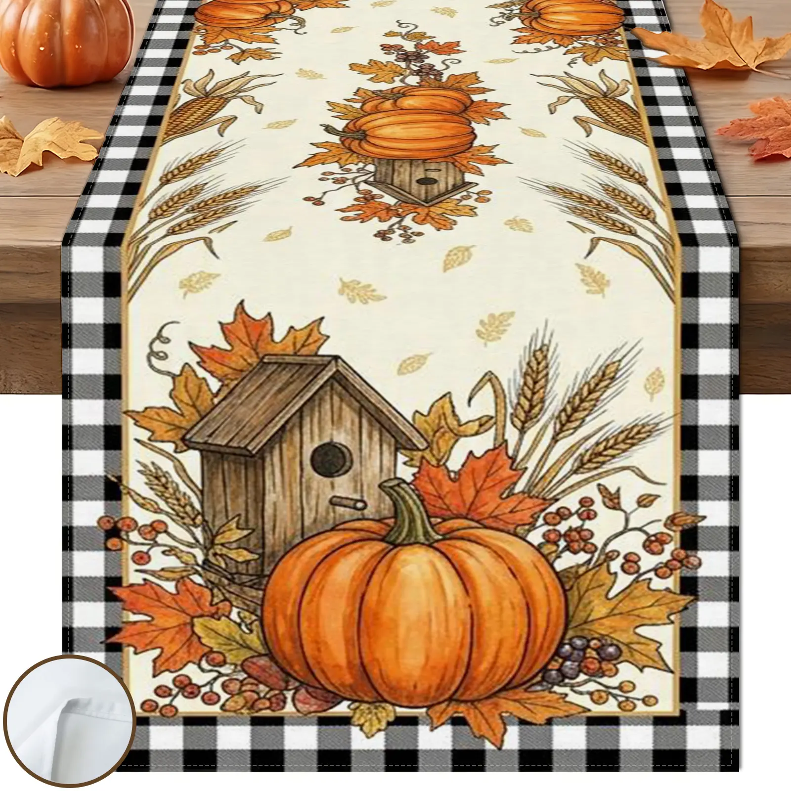 1pc Pumpkin Birdhouse Table Runner, Black White Buffalo Plaid Farmhouse Style, Wheat Maple Berry Design, for Fall Autumn Thanksgiving Table Decor