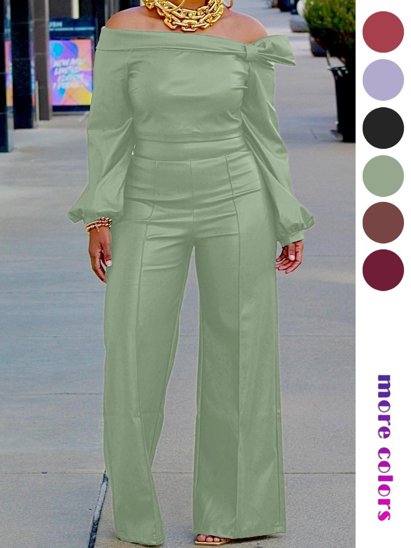 Two-Piece Set Women's Spring Casual Plain Off Shoulder Knot Front Bishop Sleeve Blouse & Wide Leg Pants Set, Solid Color Long Sleeve Top & Trousers Set for Fall, Women's Clothes