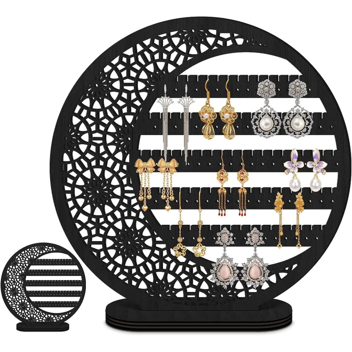 Large Boho Moon Earring Display Stand for Mother's Gift 10 Inch Wooden Floral Goth Earrings Stud Jewelry Holder Organizer Dangle Hanging Holder Gift for Women(Black)