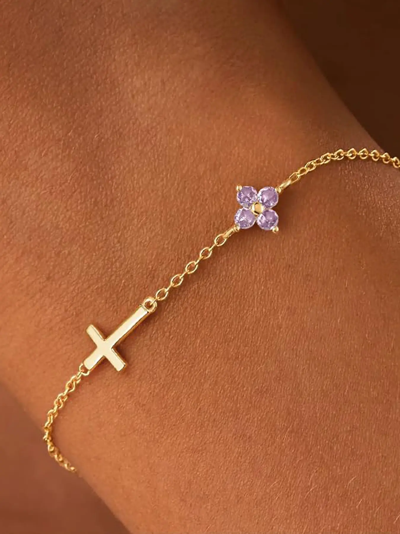 Birthstone Gold Bracelets for Women Non Tarnish Trendy Clover Cross Bracelet Dainty 18K Gold Plated Blue Green Emerald Bracelets Fashion Beautiful Bracelets Wrist Jewelry Gifts for Christian Confirmation Baptism Religious