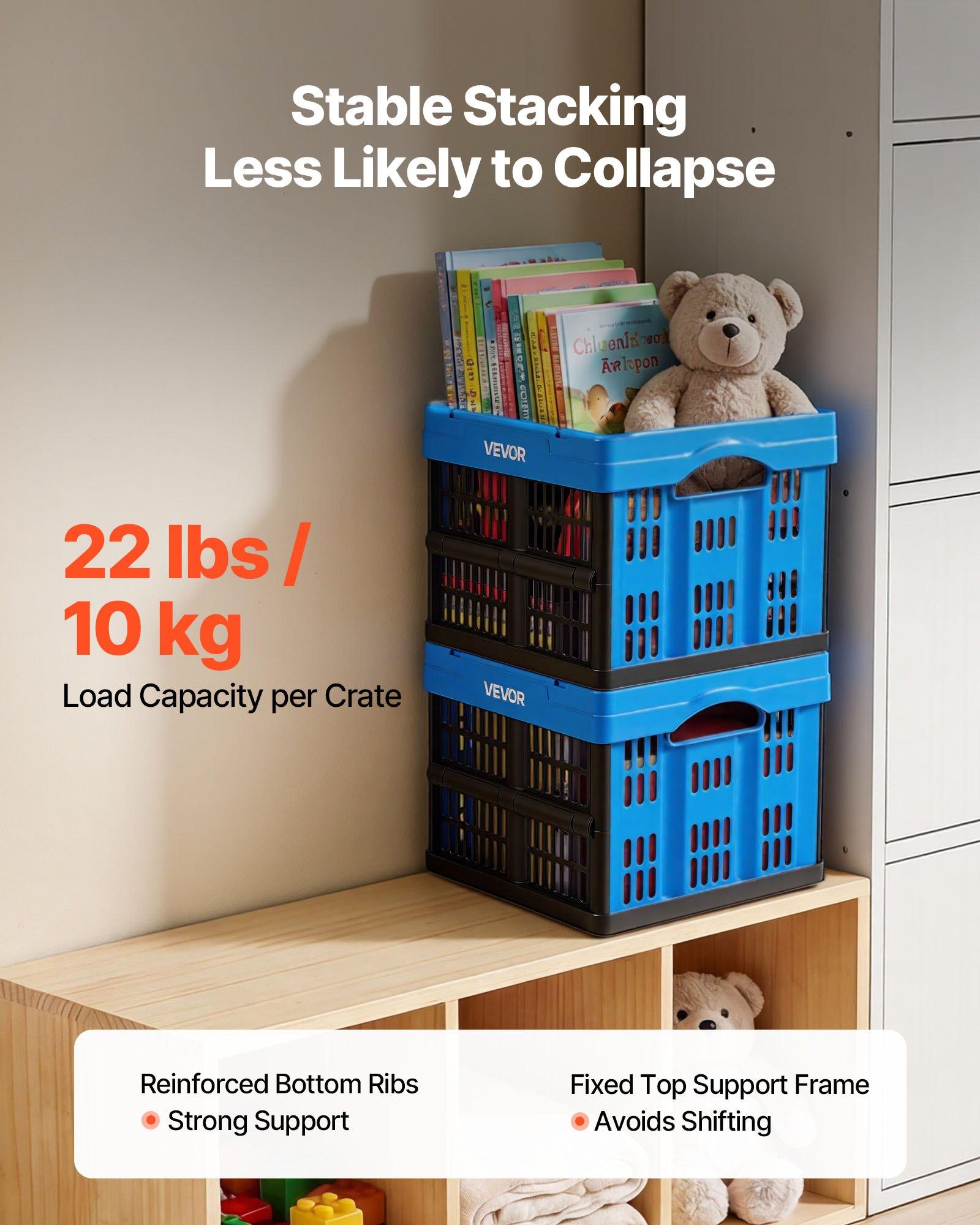 VEVOR Plastic Collapsible Storage Bins, 25L 3 Packs, Stackable Folding Storage Crates with Handles, Holds 22 lbs Per Bin, Foldable Heavy Duty Containers, Space-Saving Baskets, for Home Organizing