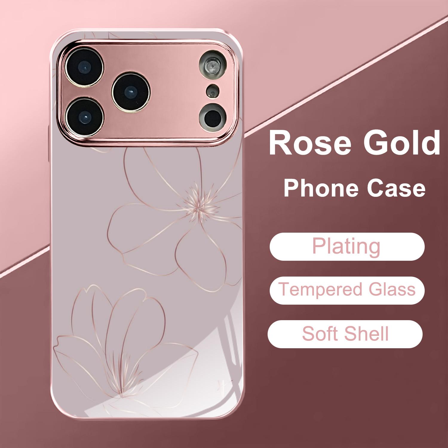Flower Rose Gold/Plated Pink Phone Case Cover for iPhone 17/16/15/14/13/12/11/X/XR/XS MAX Pro Air Pro Max Plus Mini Couple Style, Cute, Fashionable, Christmas, Tempered Glass Protective Case, Phone Protection, Modern Phone Case, UV Printed Design, Accesso