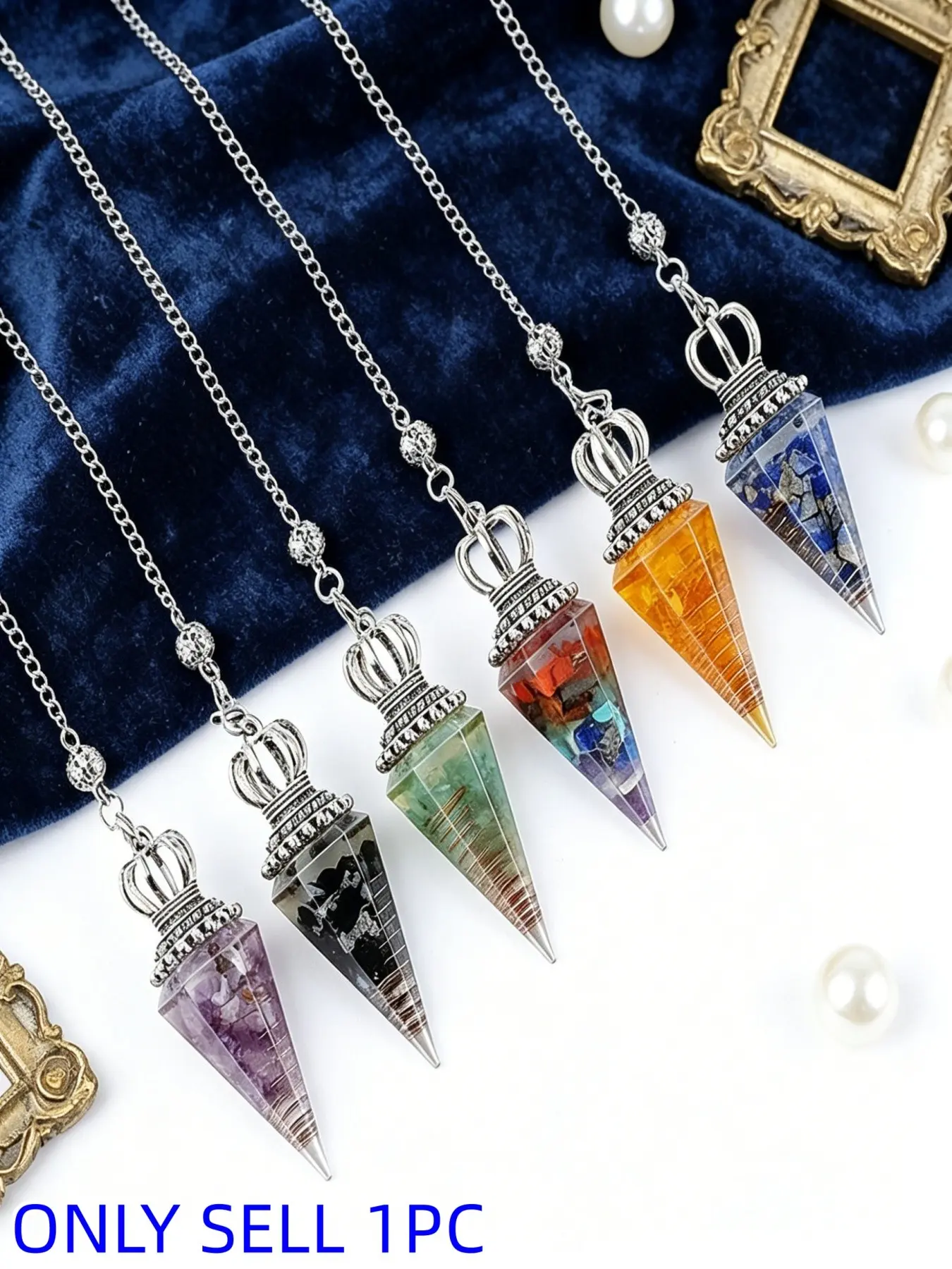 1pc Natural crystal and stone chip advanced leader crown pendulum ancient silver pendant, meditation chakra balance energy resin spiritual healing crystal divination pendulum, Tarot card techniques and witch yoga spirit aura decorative accessories