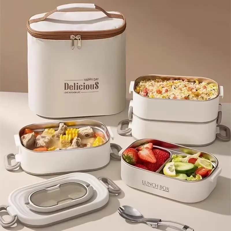 304 Stainless Steel Lunch Box Unisex with Spoon, Microwave Safe Leak-Proof Bento Box for Students Office, Layered Odor-Proof