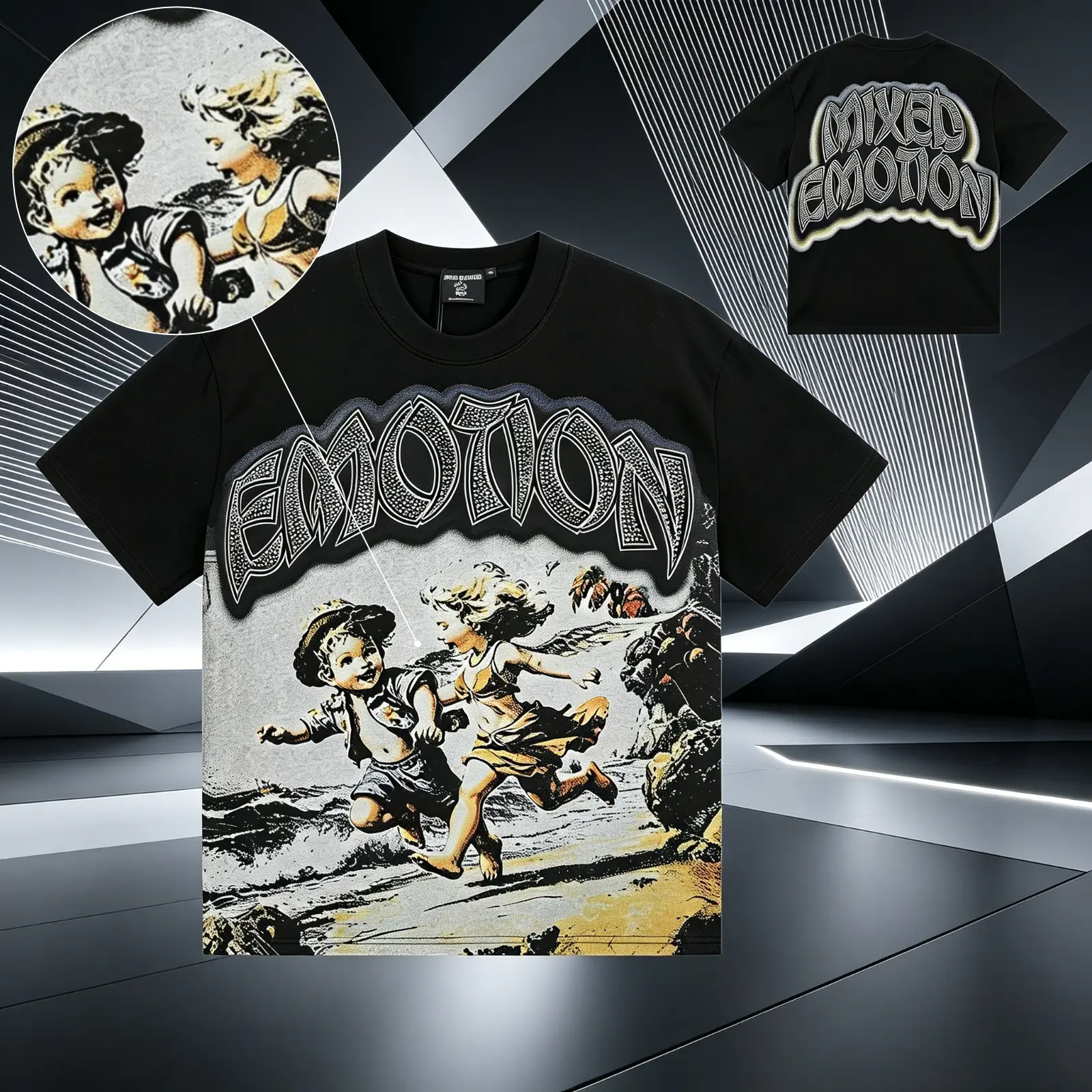 Mixed Emotion Cherub Angel Child Cartoon Animation Rhinestone Graphic T-Shirt Gradient Gothic Logo Vintage Streetwear Oversized Cotton Y2K Hip Hop Tee Loose Fit Summer Short Sleeve Crew Neck Top TikTok Viral Aesthetic Outfit Festival Party Independence