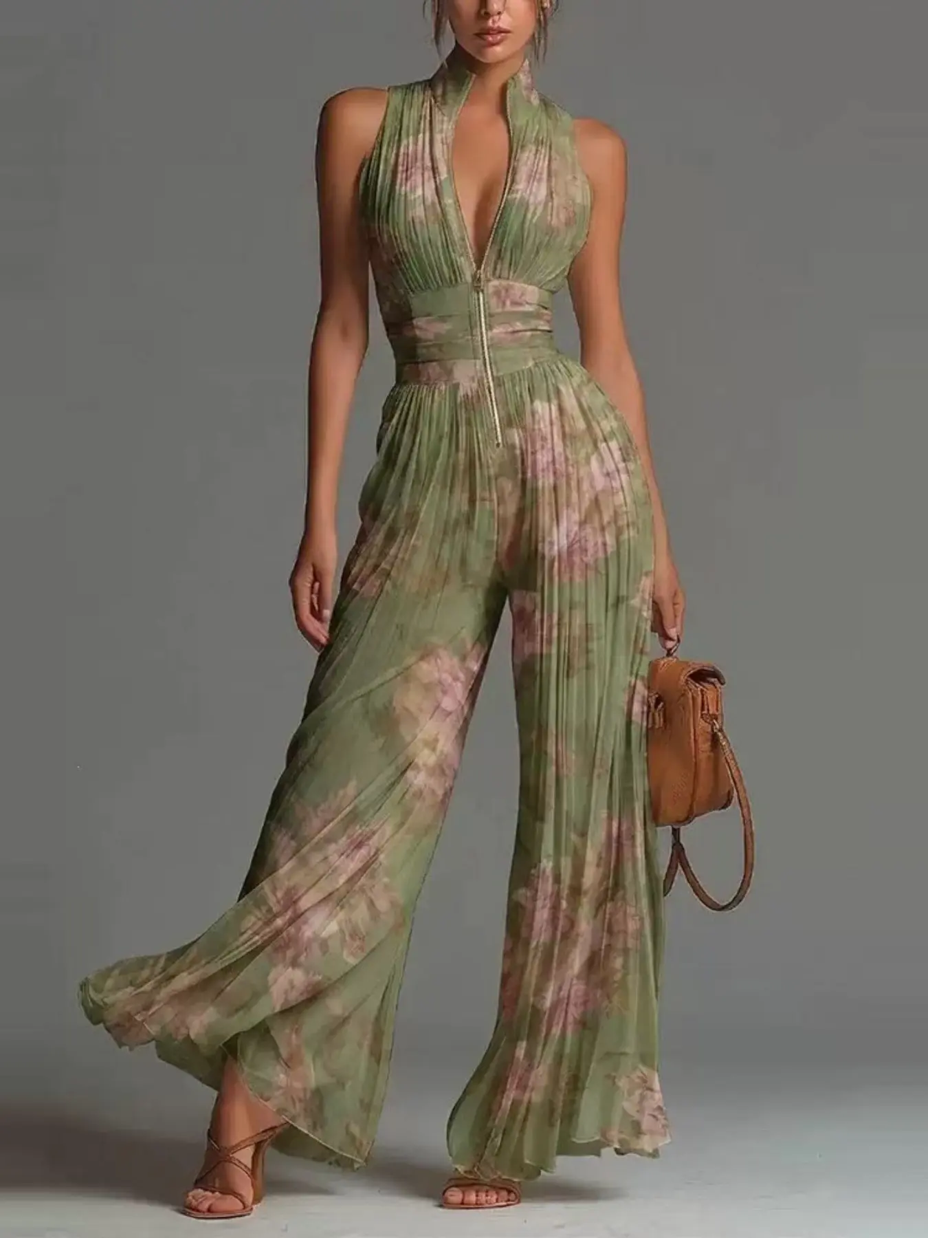 Elegant French Print Jumpsuit, Sleeveless Ruched High-Waist Design, Perfect for Office & Daily Wear, Chic Long Pants for All Seasons