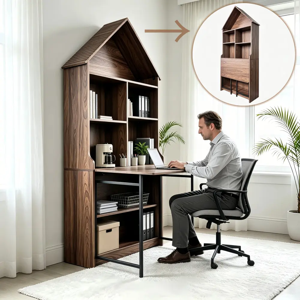 Littleox Folding Craft Desk with Storage Shelves, Convertible Hideaway Desk to Bookshelf, Foldable Desk with Storage, Disappearing Desk for Small Spaces, Multifunctional Converted Craft Table, Vanity Desk