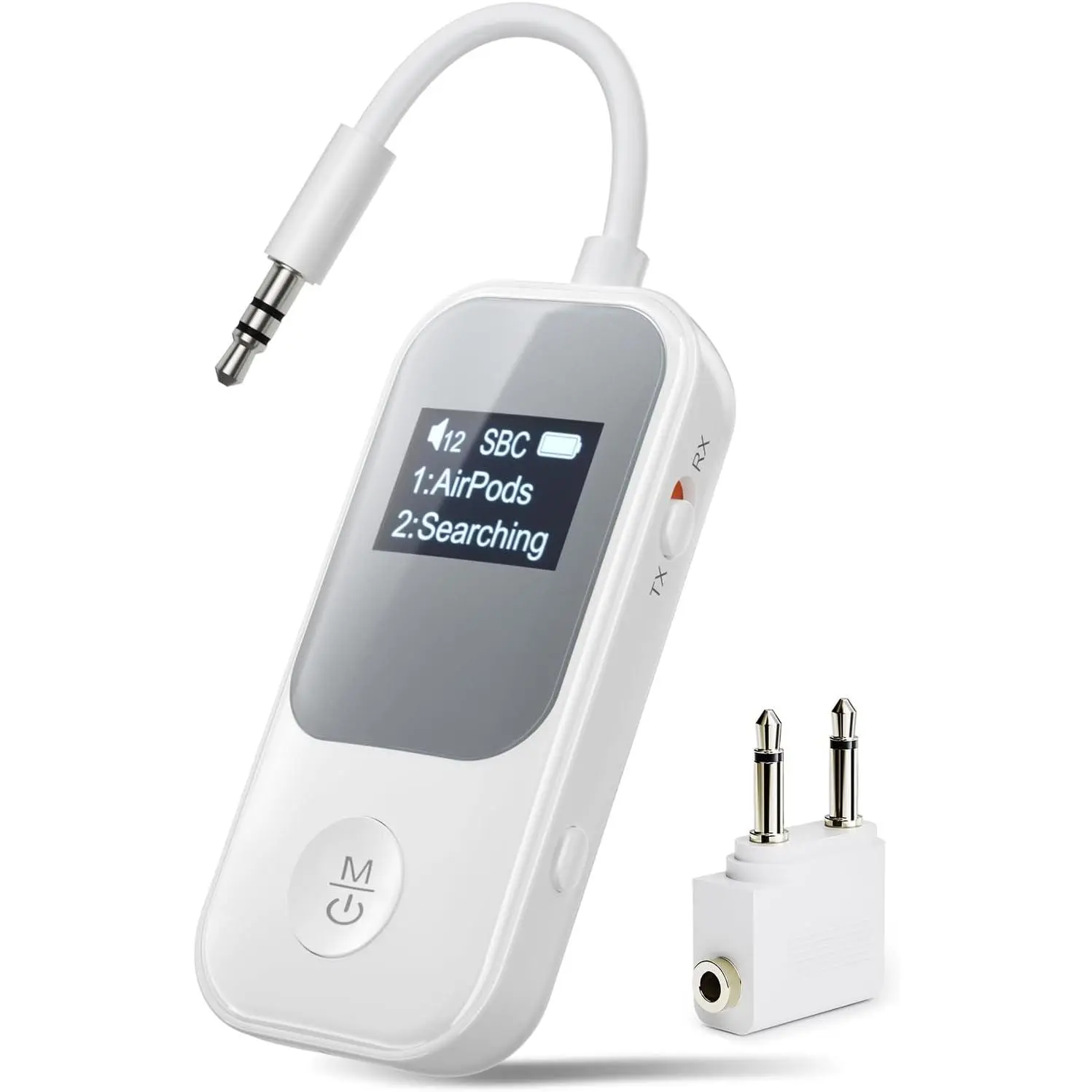 Airplane  Adapter Transmitter Receiver with Screen [Show  & Connected Devices], Pairs 2 AirPods/Headphones, 3.5mm AUX for TV  Treadmill, Qualcomm Chipset, 20H Playtime