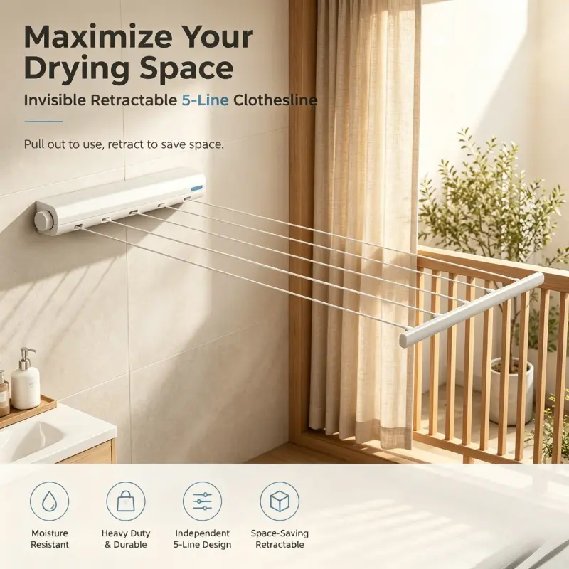 Heavy Duty Retractable Wall Clothes Drying Rack, Clothes Hanging Rack, Drying Rack Clothing, with 5 Independent Rods, Moisture Resistant Rustproof Design, Ideal for Small Condo, Rental House and Laundry Room Garment Drying