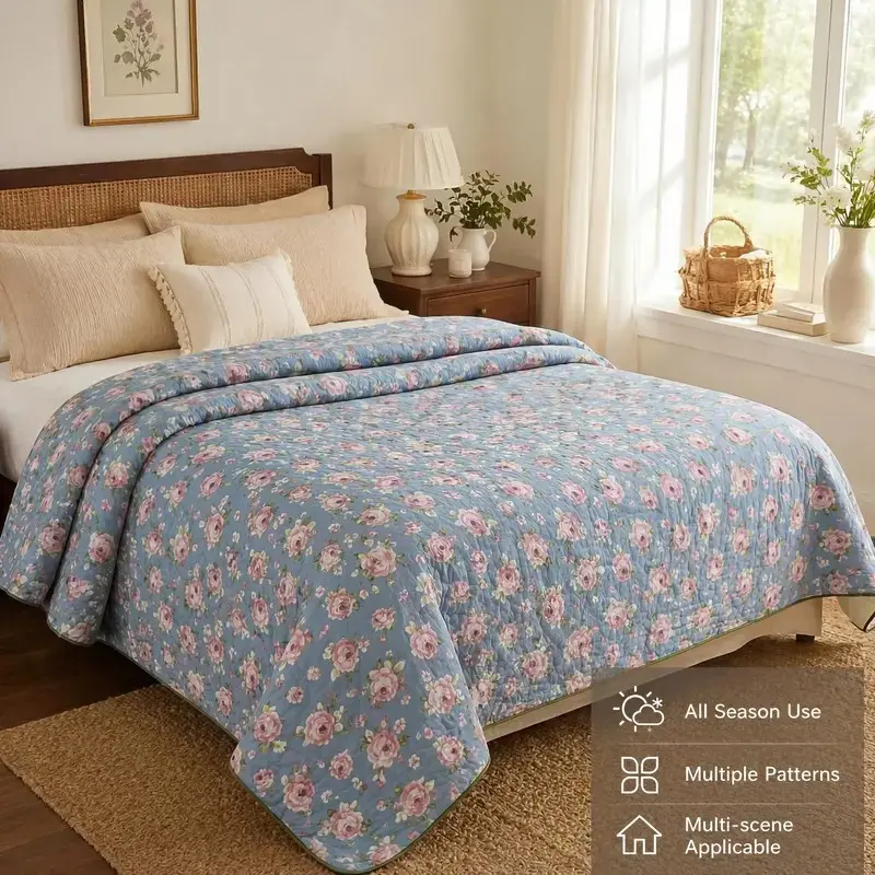 Soft Floral Print Summer Quilt, Breathable Lightweight Air Condition Coverlet, Single Bedding Quilt for Home Dormitory