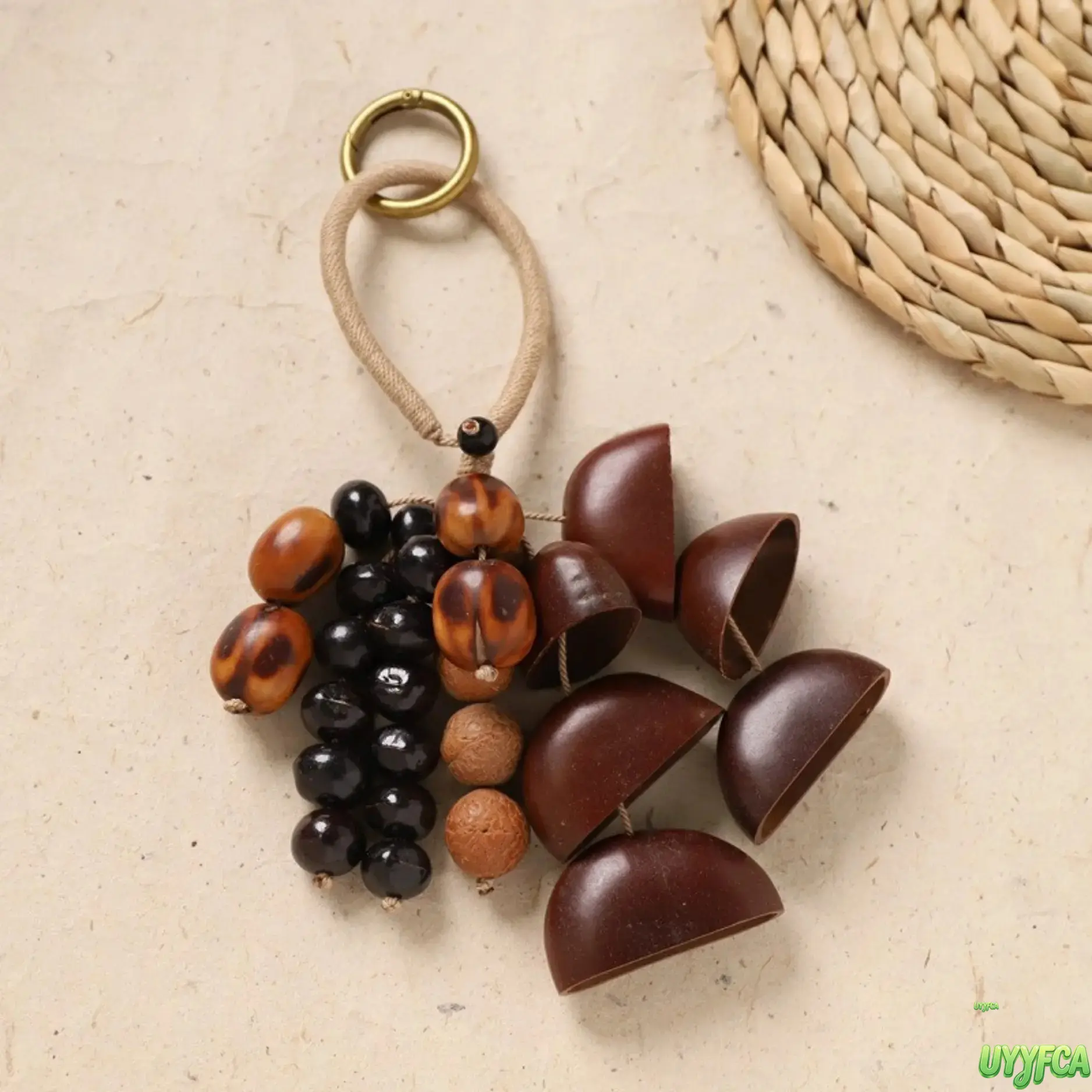 Handmade Natural Dried Seed Nut Shell Keychain Pendant,Therapy Hanging Bell, Mini Rattle Wind Chime Bag Charm With Metal Spring Ring, Boho Plant Fruit Bead Hanging Ornament For Car Backpack Purse Indoor Wall Daily Decor & Photo Prop,Summervibes