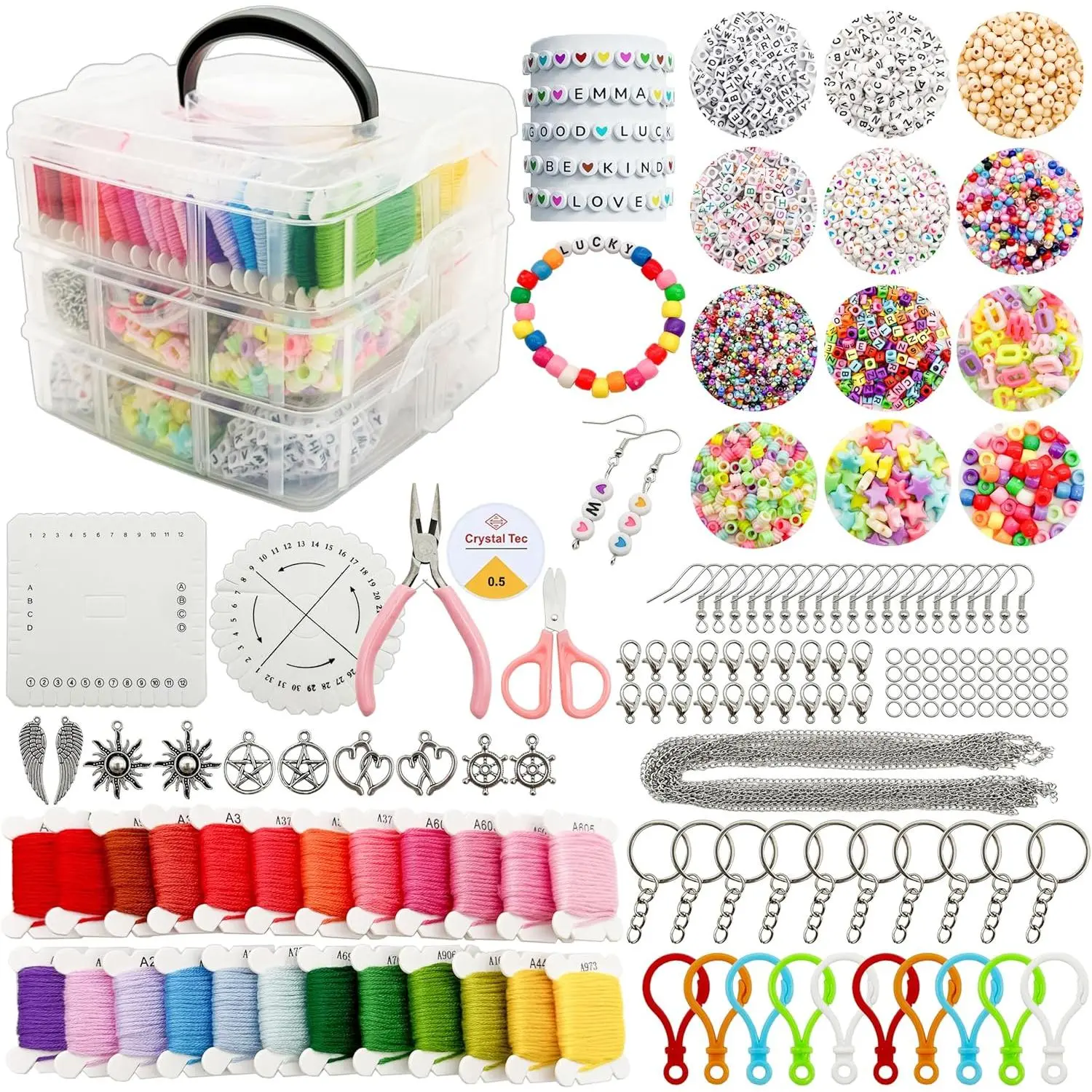 4655 count  Making Kits, DIY Bracelet Necklace Portable Three-Layer Spacer Box - Includes 24 Color  Thread & Letter Bead & Tools, The  Set for Handicraft Enthusiasts