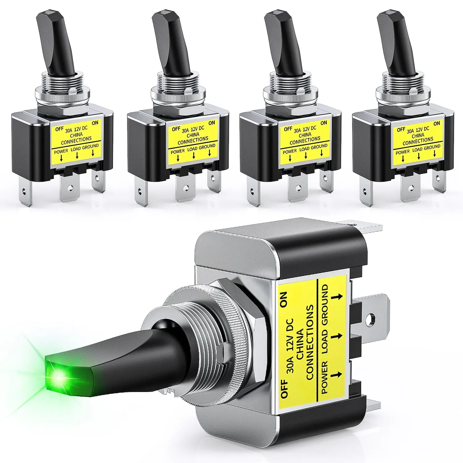 Nilight 5PCS Green LED SPST Toggle Switches - 12V 30A 3-Pin Heavy Duty Metal Rocker, 12mm Mounting Hole, Brass Copper Components, On/Off Control, for Cars, Boats, Off-Road Use