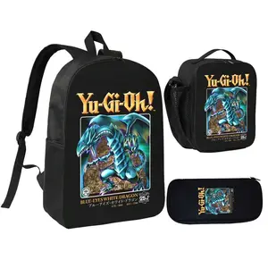 Yu-Gi-Oh Blue-eyed White Dragon card design black background three-piece school bag set, including a backpack, insulated lunch bag, and pencil case, suitable for teenagers' daily school use