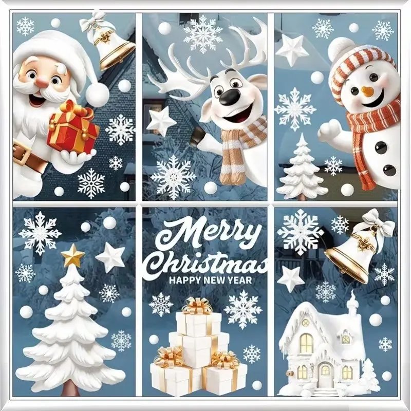 146-Piece Christmas Window Cling Set, PVC Holiday Stickers with Snowflakes, Gift Boxes, Santa, Reindeer, Snowman, Easy Peel-Off Decorations