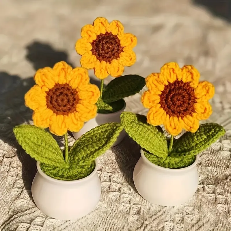 3pcs Knitted Fleece Sunflower Small Potted Plant, Vibrant & Crochet Flowers, Ideal for Spring Home Office Desk Decor