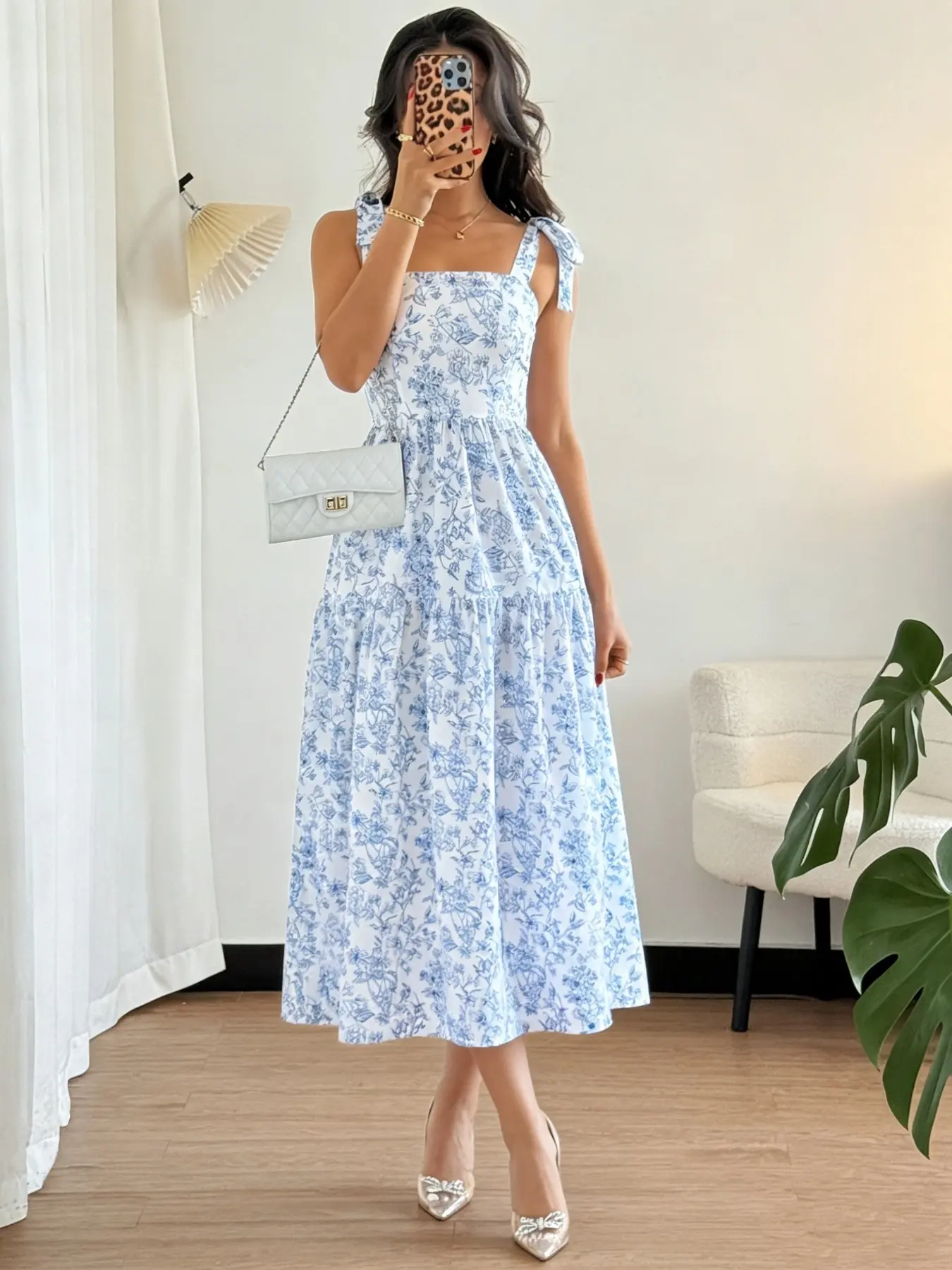 Women's Butterfly Knot Halter Midi Dress, Blue Floral Print Square Neck Layered Flowy Long Dress, Summer Beach Vacation Dress