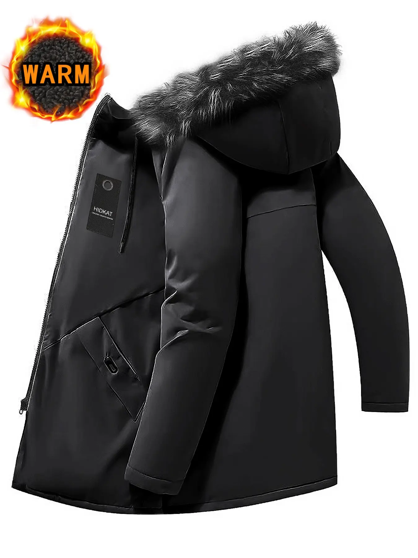 Men's Thick Fur Collar Mid-Length Parka Coat, Casual Windproof Waterproof Warm Hooded Jacket, Large Pockets, Fall Winter Outdoor Clothing