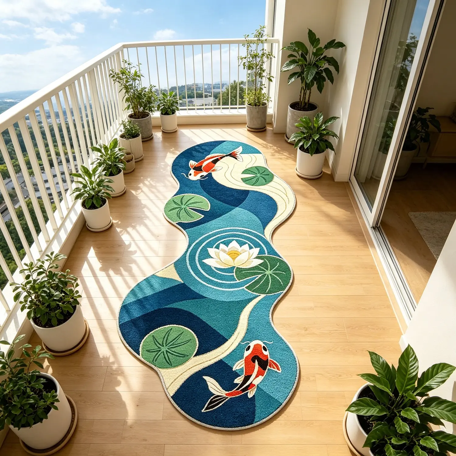 New Oriental Koi Fish Lotus Shape Rug, Polyester Fiber Rug, Rectangular Rug, Home Decorative Rug, Hand Washable Long Rectangle Carpet for Living Room Bedroom, Japanese Zen Decorative Floor Mat, Home Decor Rugs