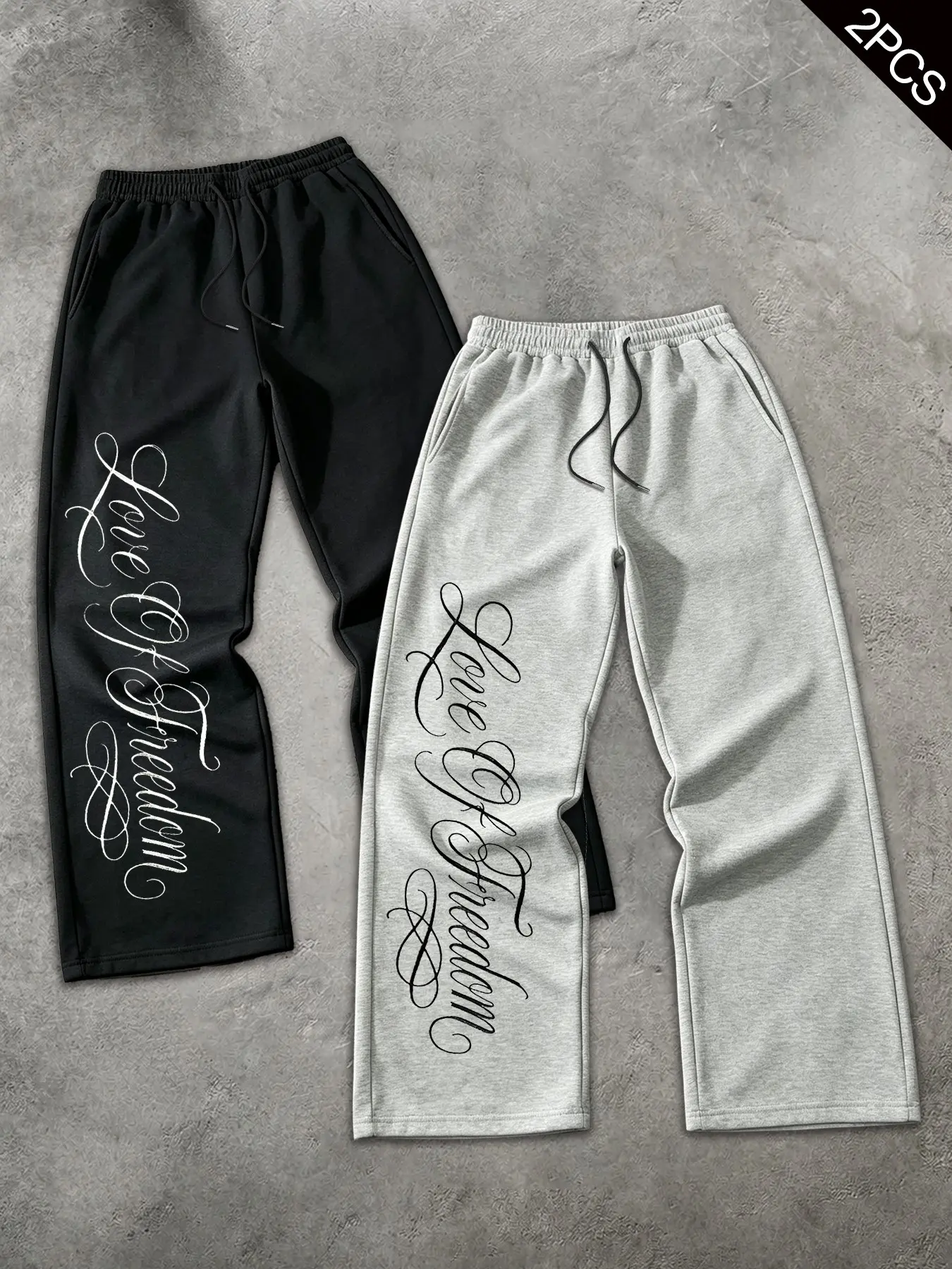 Graphic Script Wide Leg Sweatpants 2 Pack | Comfy High Waisted Baggy Joggers with Pockets, Gothic Streetwear Dance Track Pants for Men & Women