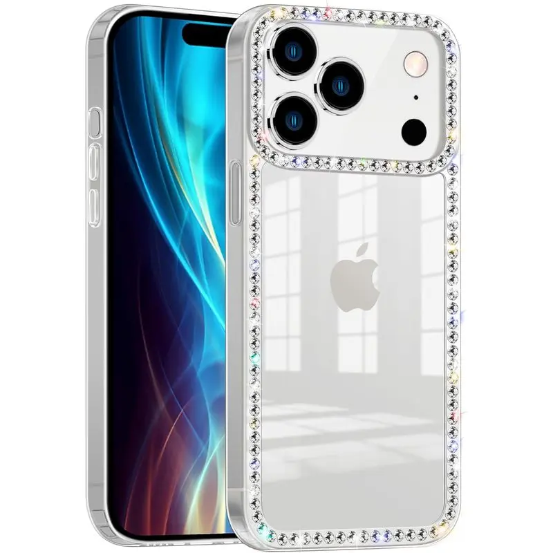 Transparent Bling 3D Rhinestone Cute Soft Silicone Phone Case for iPhone 17 Pro Max, 16, 15, 14, 13, 12 Pro Max - Shiny Colorful Gem Design, Luxurious Fashionable Style, Protective Mobile Phone Cover