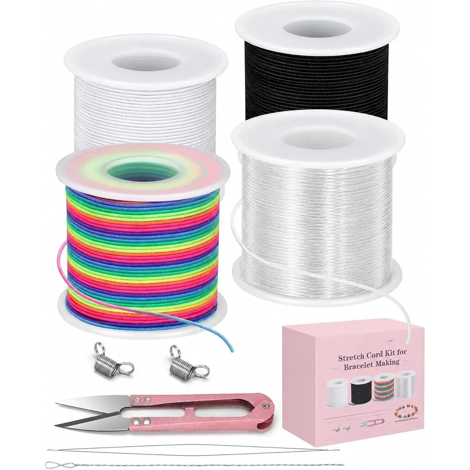DIY Beading Elastic Cord Kit - 4 Rolls of 1mm 660FT Bracelet String for Pony Beads, Keychains, Jewelry Craft Projects