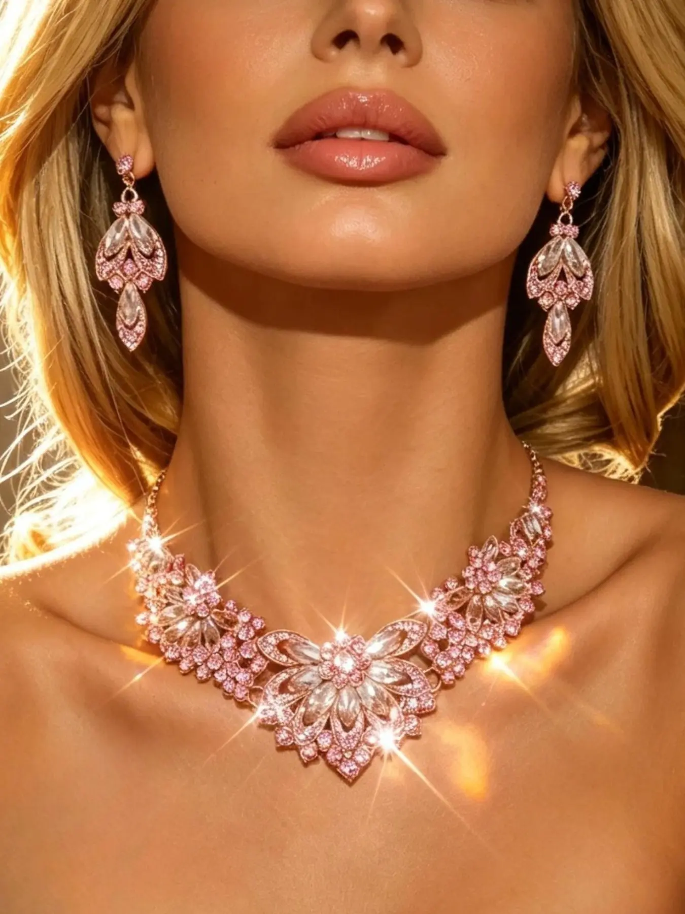 3-piece Retro Luxury Pink Crystal Flower Cluster Necklace Jewelry Set, Noble Wedding Party Style Jewelry Set, Perfect for Wearing with Exquisite Wedding Attire (1 Necklace + 2 Earrings)