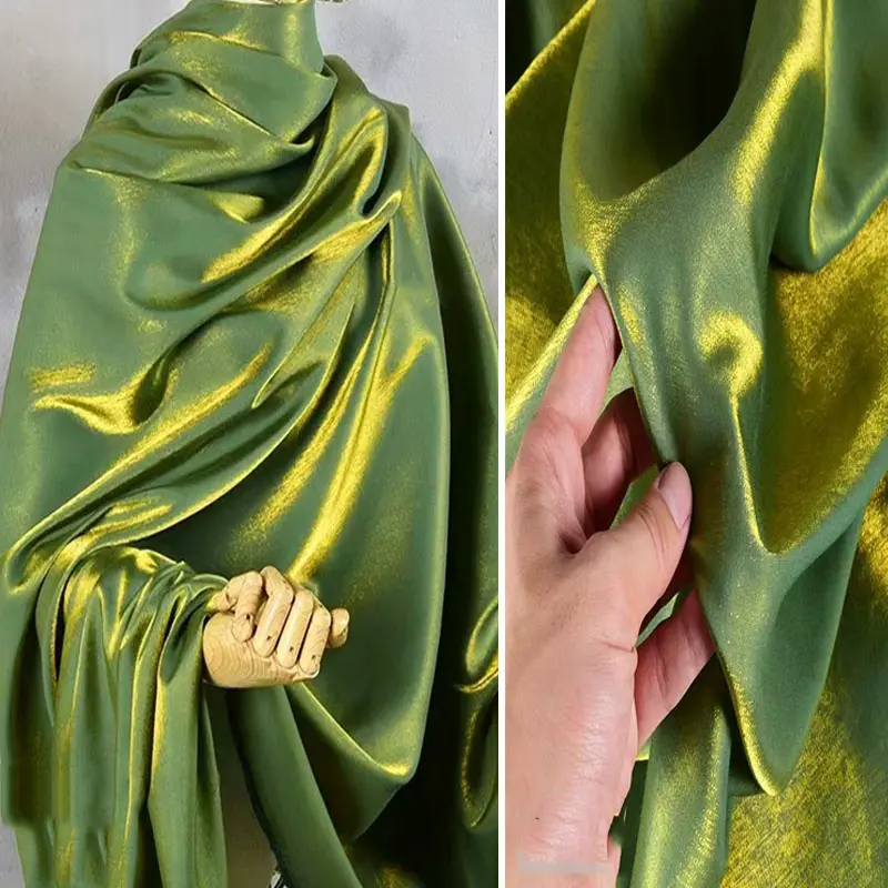 Green Gold Shiny Satin Fabric, Metallic Luster Silky Smooth Cloth for Evening Gown, Wedding Dress, DIY Sewing Party Decor