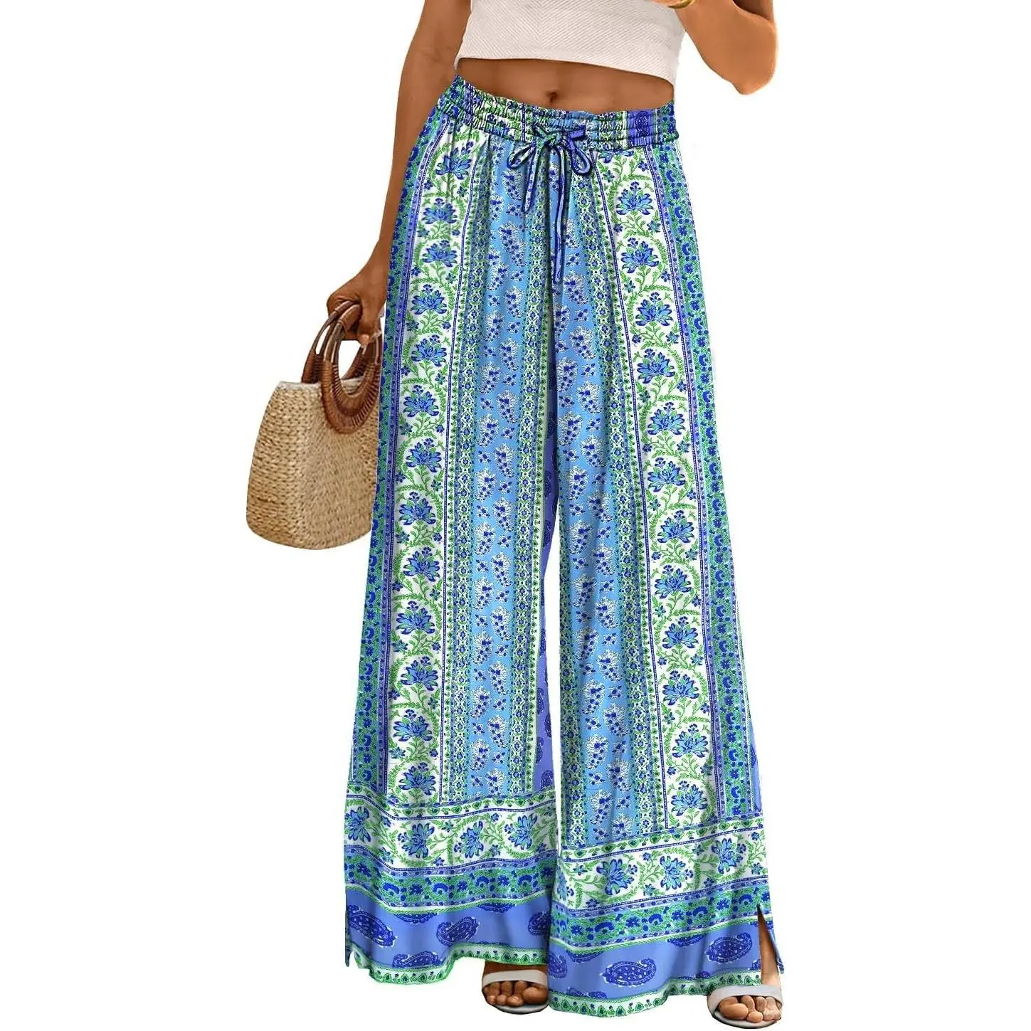 Women Summer Flowy Wide Leg Pants Drawstring Elastic Waist Casual Lounge Beach Palazzo Trouser with Pockets PPR