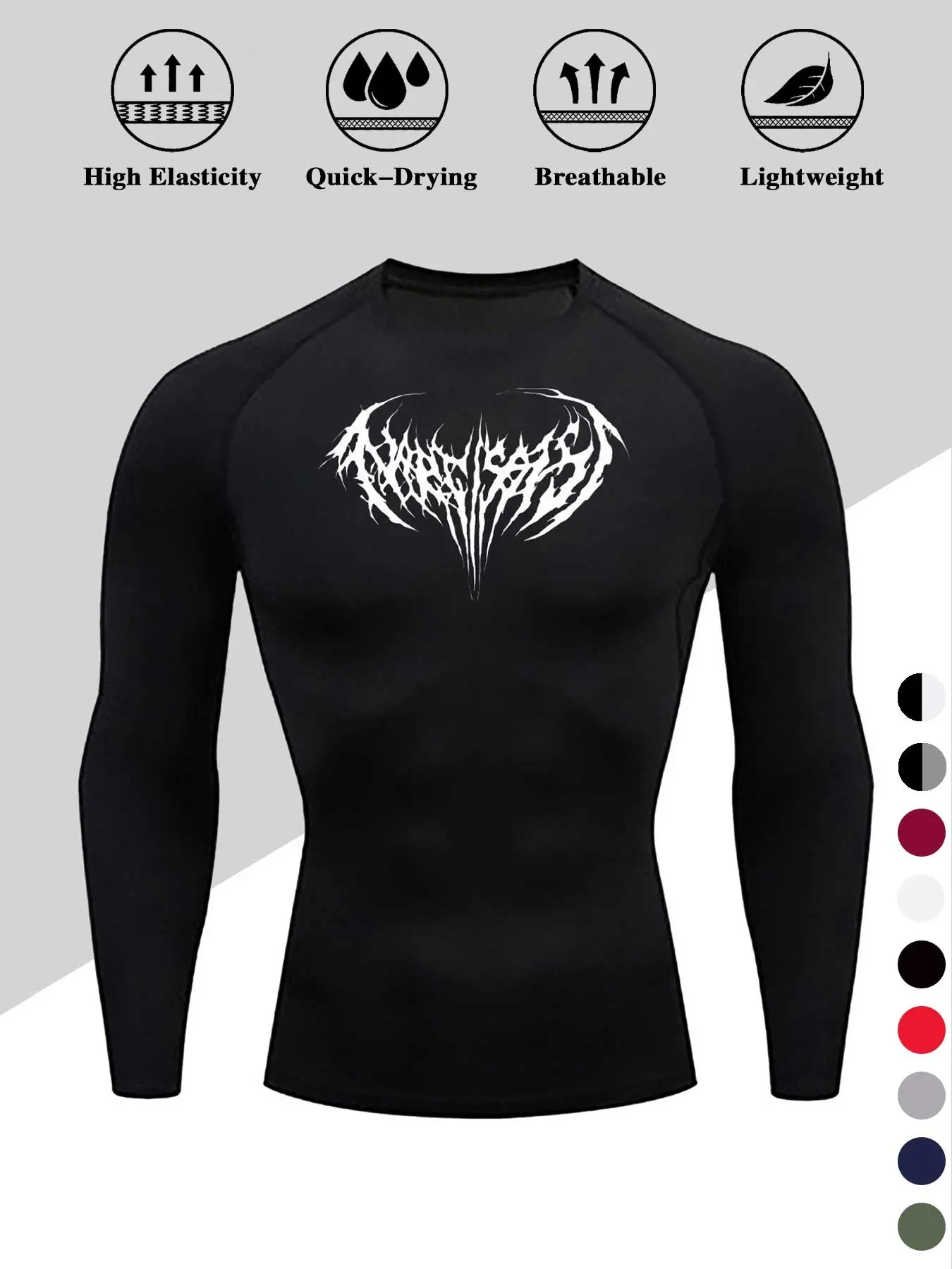 Men's Thistle Print Compression Training Shirt, Long Sleeve Sporty Base Layer Top for Cold Weather, Polyester & PU Fabric, Round Neck, Tight Fit, Fitness Outfits, Workout Apparel, Fitness Shirts