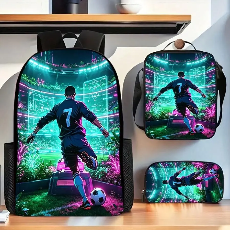 3pcs Neon Cyberpunk Soccer-Themed Youth Backpack Set Pack, 17 in Back to School Haul Bookbag, Adjustable Straps, Lightweight Hand-Washable, Zipper Closure for School & Outdoor Use