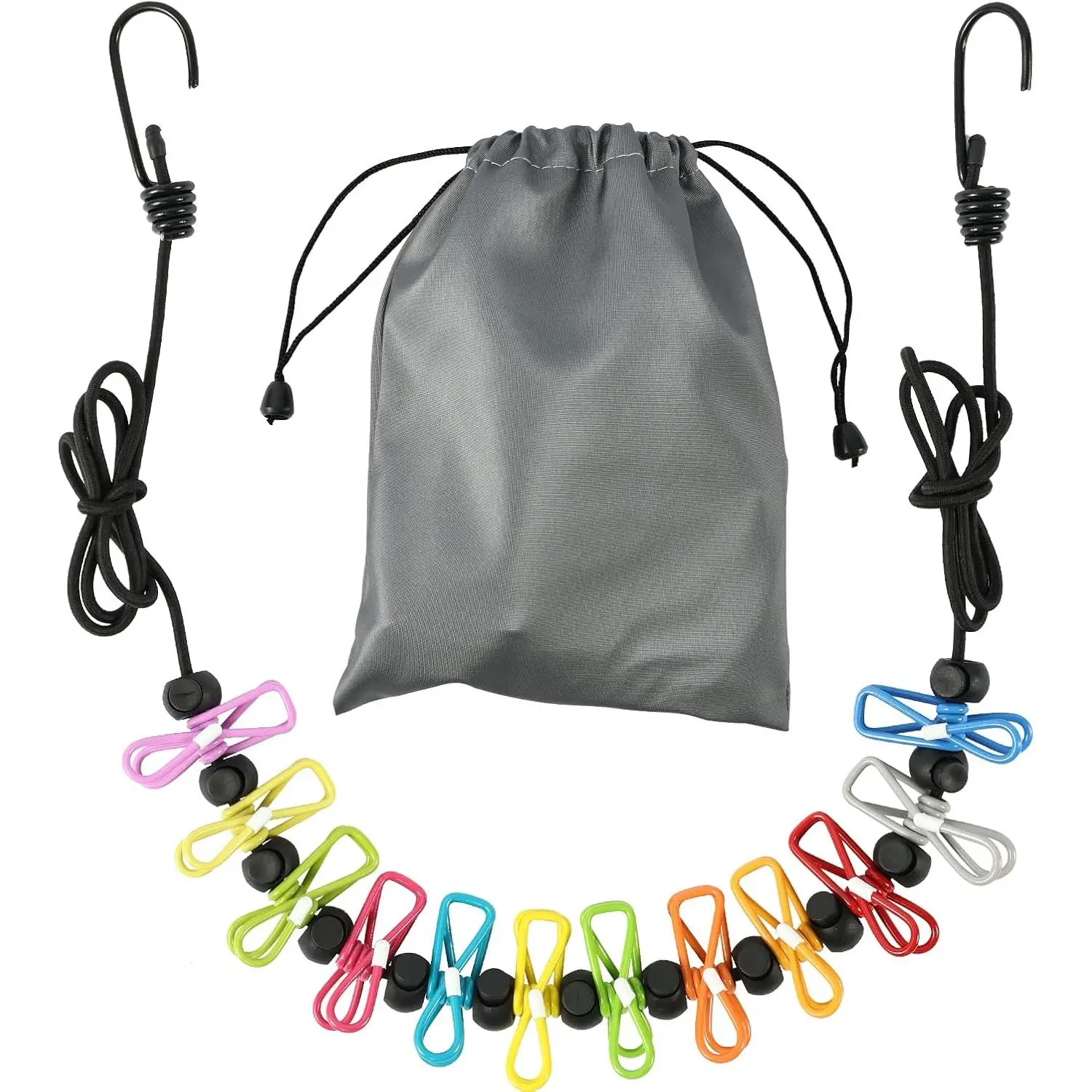 Stainless Steel Retractable Travel Clothesline with 12 Clips, 10-12in Stretchable, Lightweight Durable Colorful, Storage Bag Included for Indoor Laundry Drying, Outdoor Camping (Home Supplies Laundry Tool)