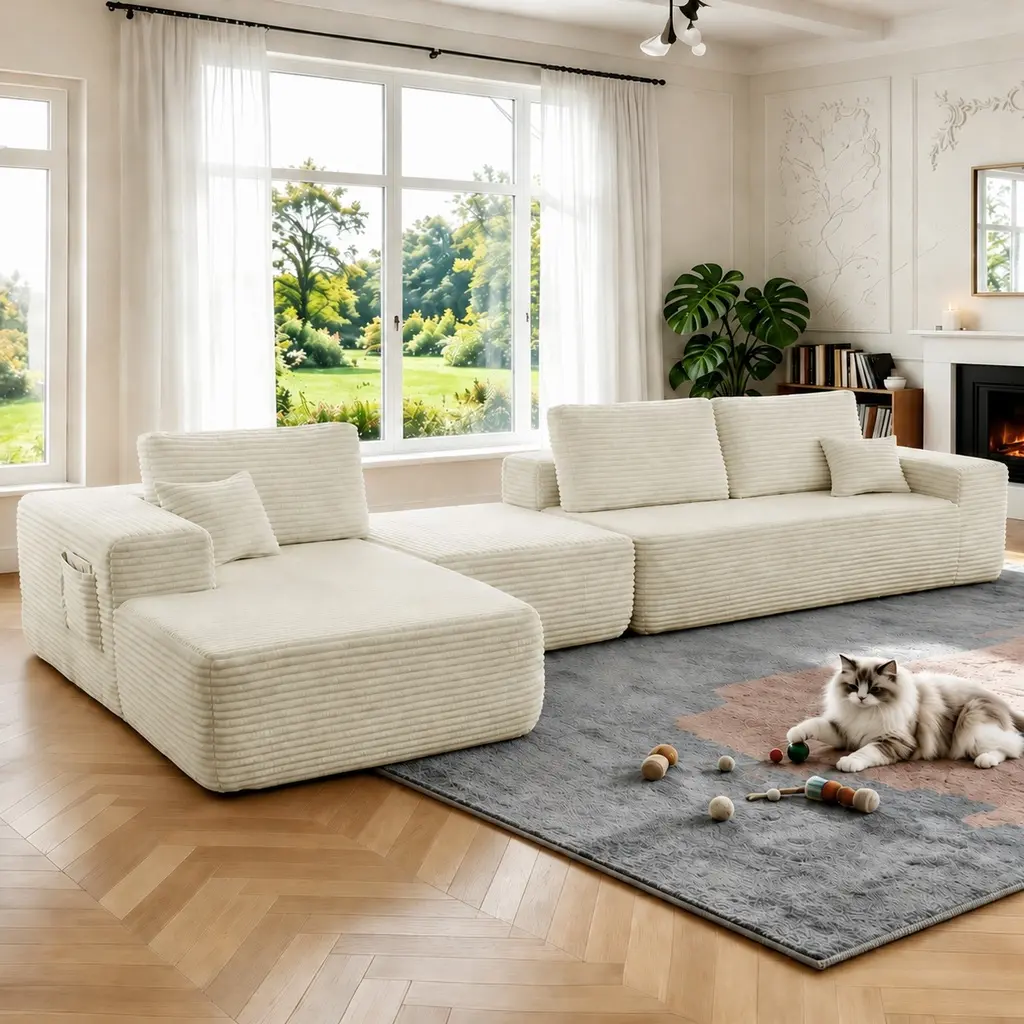 104'' Beige U-Shaped Chaise Modular Cloud Sectional Sofa - 3-Seat Plush Corduroy Fabric, Deep Seat, Spring Sponge Padding, Fully Assembled, Living Room Bedroom Indoor Furniture
