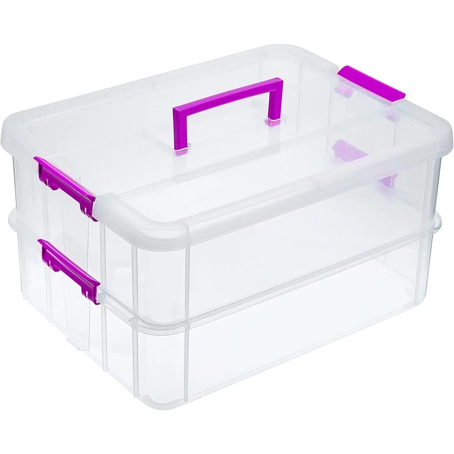 2-Tiers Plastic Stack Carry Storage Containers Box wih Handle  | Clear Stackable Latching Craft Storage Bin for School Office, Organizing Stationery, Sewing, Art Craft, DIY Supplies,