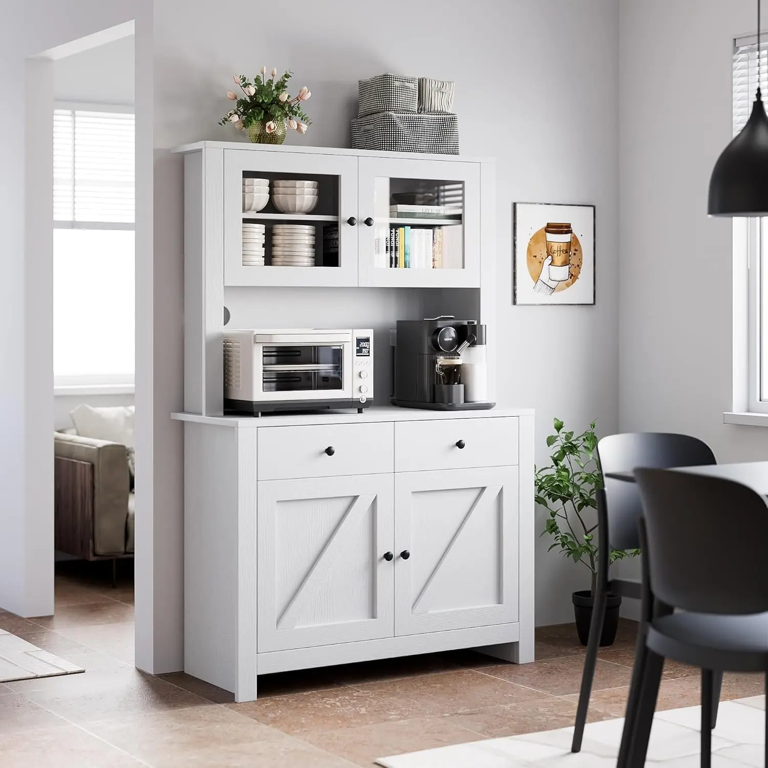 63" Kitchen Pantry Cabinet with Microwave Stand – Drawers, Adjustable Shelves, Coffee Bar Storage – Freestanding Tall Hutch, Buffet Cupboard for Kitchen, Dining, or Living Room
