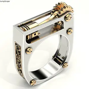 Two-Tone Silver & Gold Functional Movable Gear Mechanical Ring, Industrial Geometric Open Frame Screw Detail Unisex Statement Band, Steampunk Tech Aesthetic Interactive Finger Jewelry for Streetwear, Tech Enthusiasts & Unique Gifting