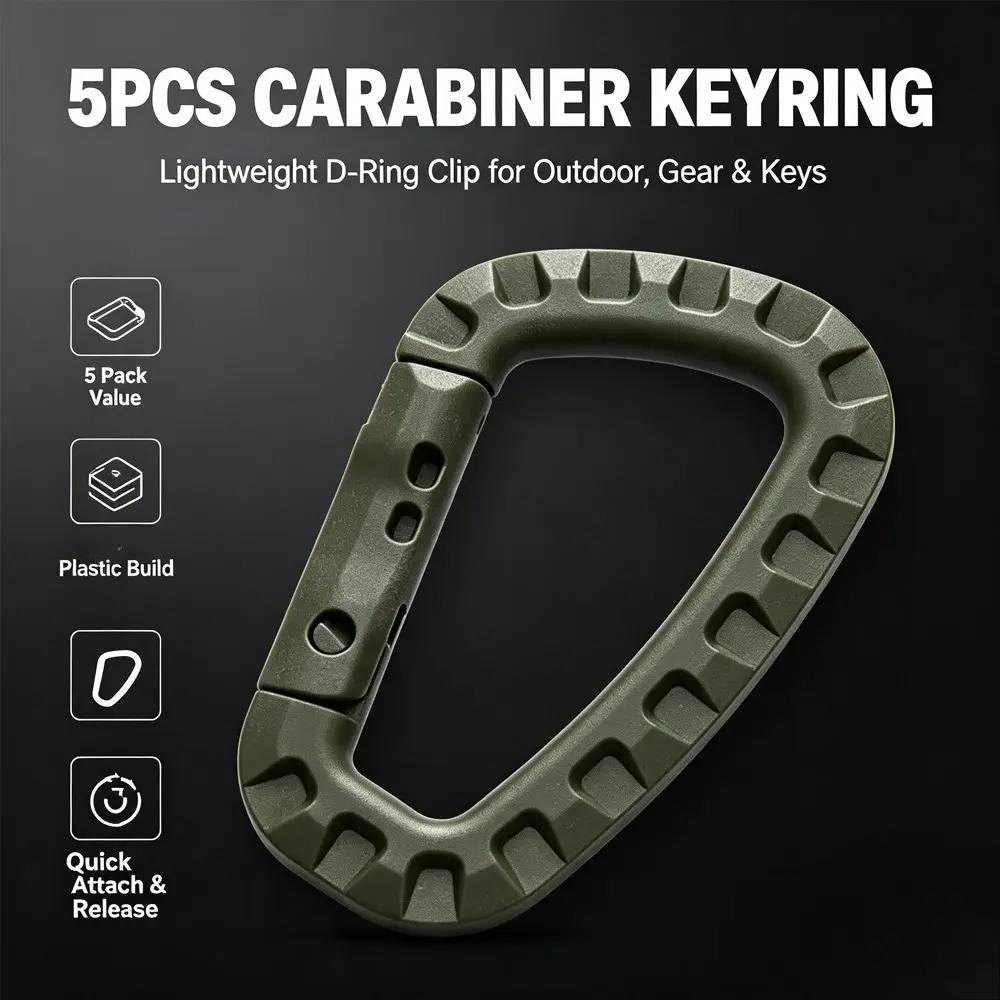 5-Pack Tactical Carabiner Key Ring, D-Type Spring Quick-Release Hook, Multi-Functional Clip, Backpack Hanging Buckle, Outdoor Camping Travel Accessories