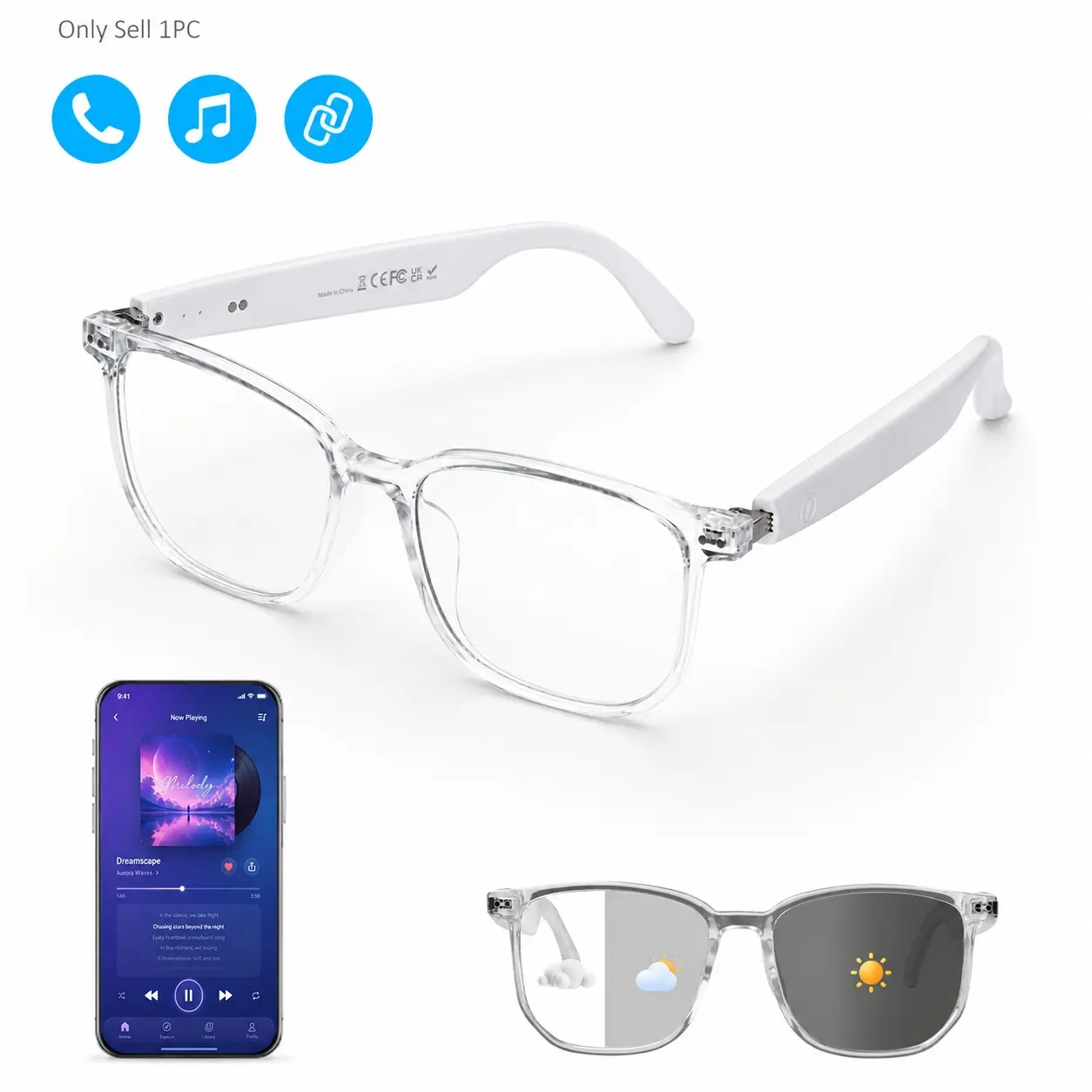 Smart Glasses, Photochromic Bluetooth Glasses with Open-Ear Audio, Built In Mic, Music, Hands-Free Calling, Touch Control and Voice Assistant