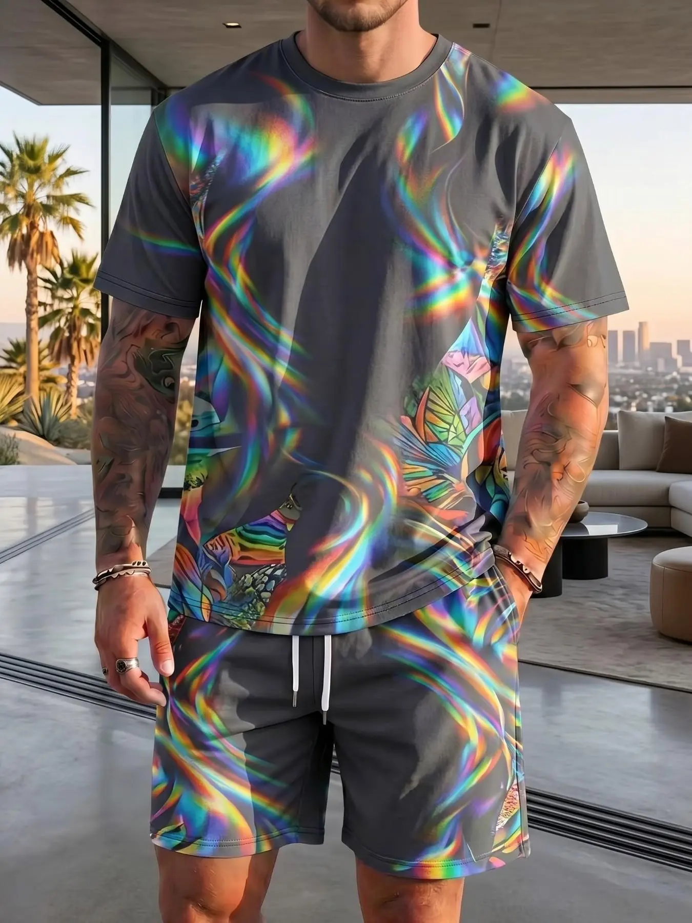 Men's Psychedelic Holographic Aurora-Inspired Trendy Short-Sleeve Set, Cyber Art Style—a versatile outfit perfect for beach vacations and hitting the town at nightclubs