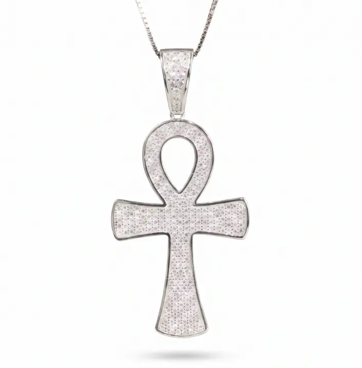 Sparkling Pave Moissanite Ankh Necklace Genuine 925 Sterling Silver Egyptian Cross Amulet Jewelry Gift for Daily Wear