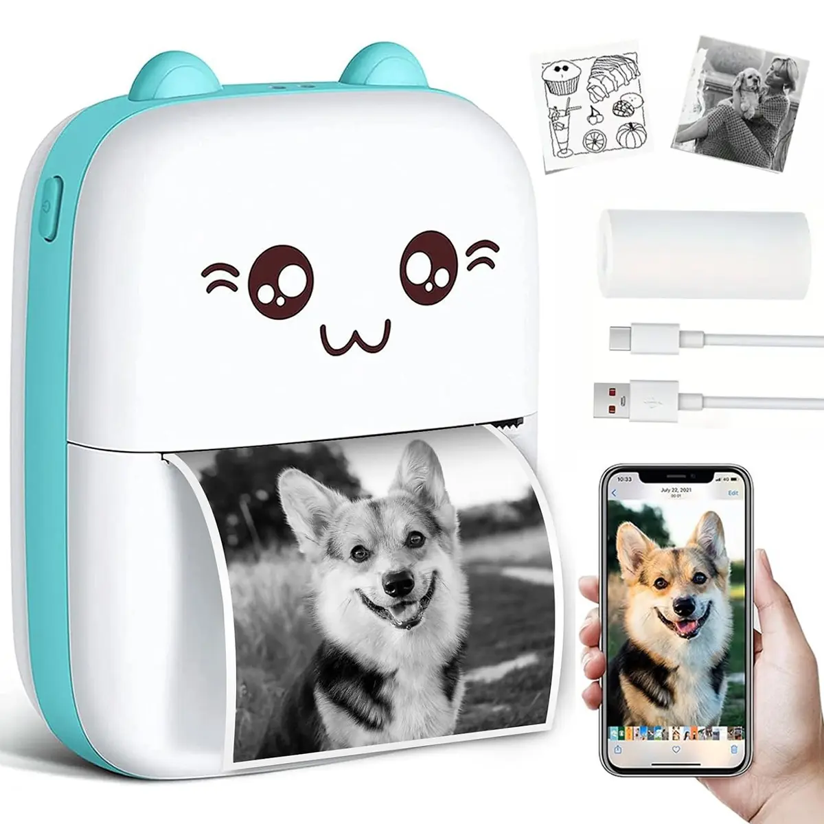 Wireless Mini Thermal Printer, 200dpi, USB Rechargeable, Portable Inkless Label Printer, Compatible with iOS and Android, Home and Office Use