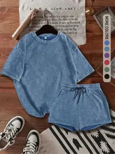 Multicolor acid-wash distressed matching set: soft, skin-friendly fabric featuring a relaxed drop-shoulder tee and high-waisted wide-leg shorts—a versatile, Casual, trendy everyday outfit.
