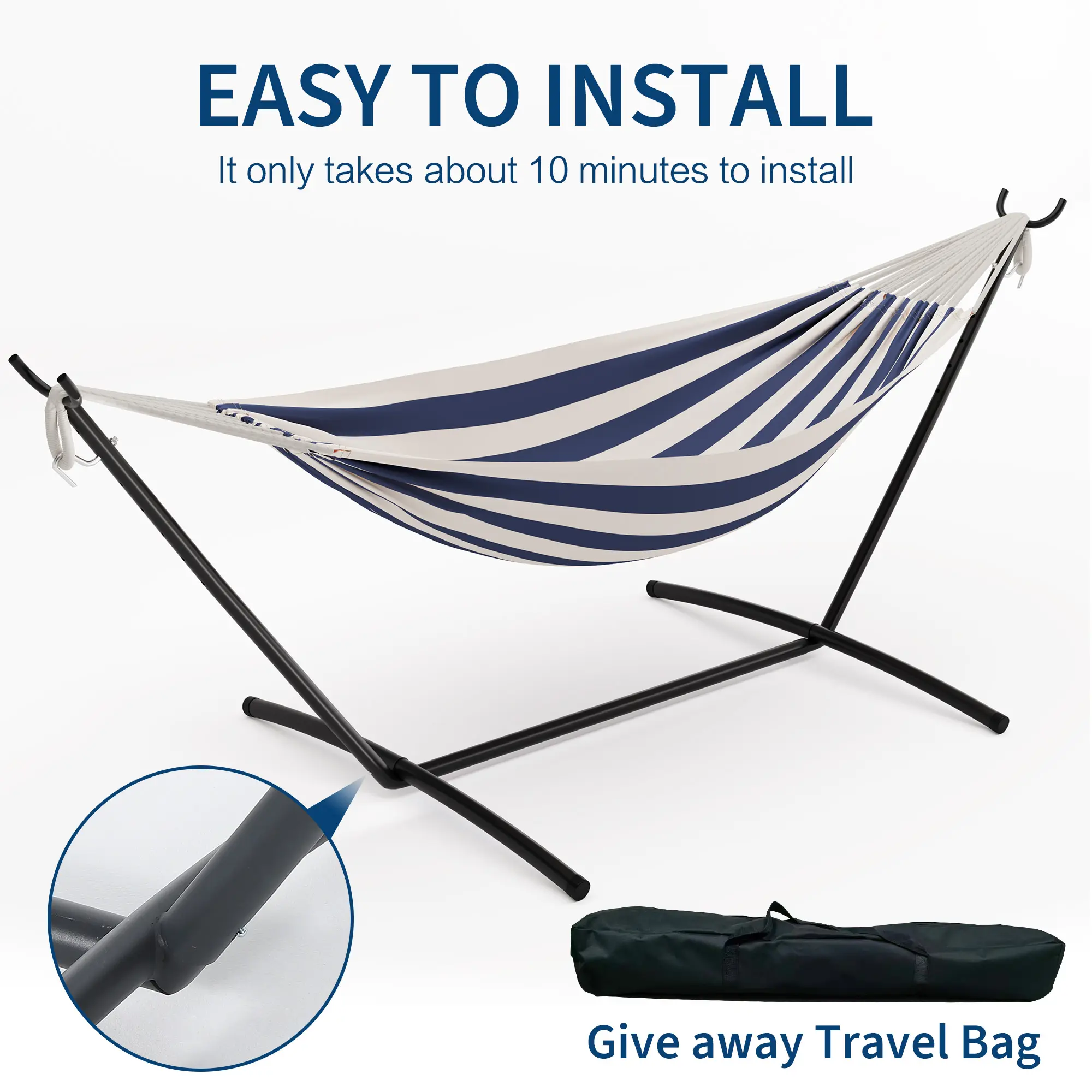 Heavy Duty Double Hammock with Steel Stand - Adjustable 2-Person Hammock Chair, Portable Indoor/Outdoor Swing, 450 lbs Capacity, Backyard Use, Includes Carry Bag