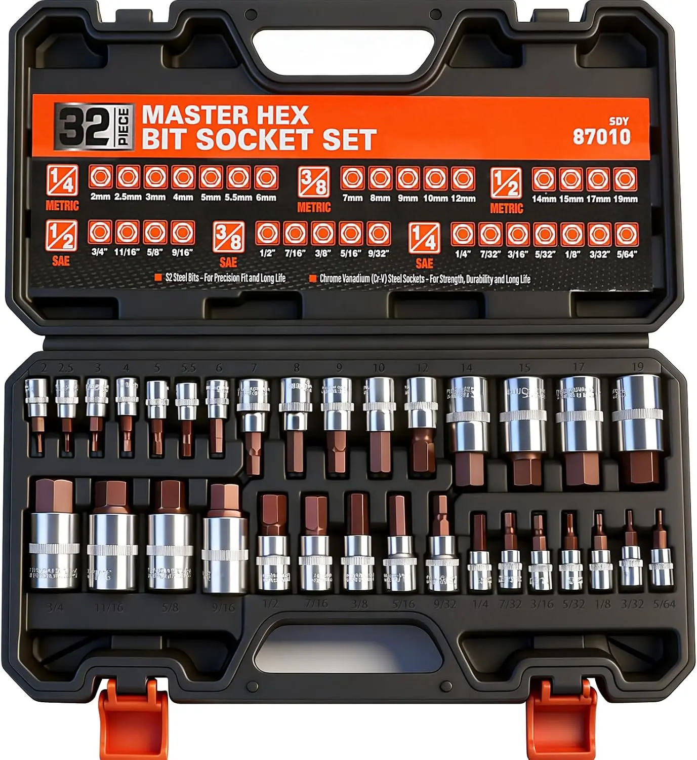 High Hex Bit Set, 32-Piece SAE & Metric Set, S2, Case, 1/4", 3/8", 1/2" Drive, for Automotive & Mechanical Work
