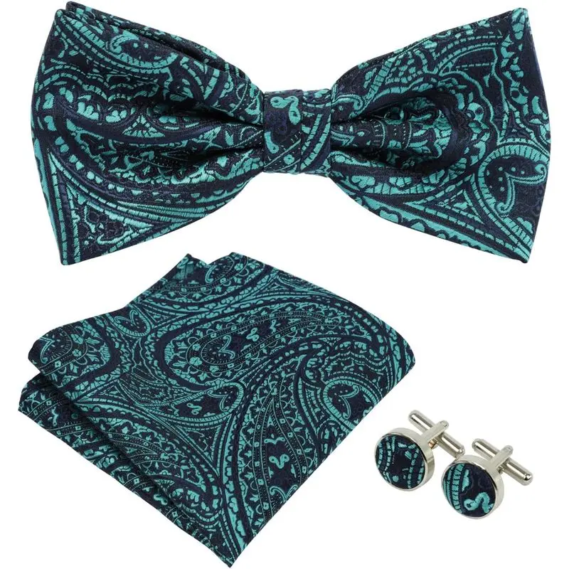 Men's Formal Paisley Pre-Tied Bow Tie Set - Adjustable Jacquard Woven, Pocket Handkerchief, Cufflinks