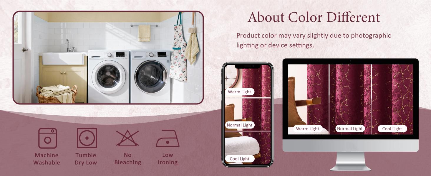 Burgundy Curtains 84 Inches Long 2 Panels Maroon Curtains Room Darkening Drapes Gold Grommet Victorian Marble Textured Window Treatment for Living Room Bedroom, 52x84